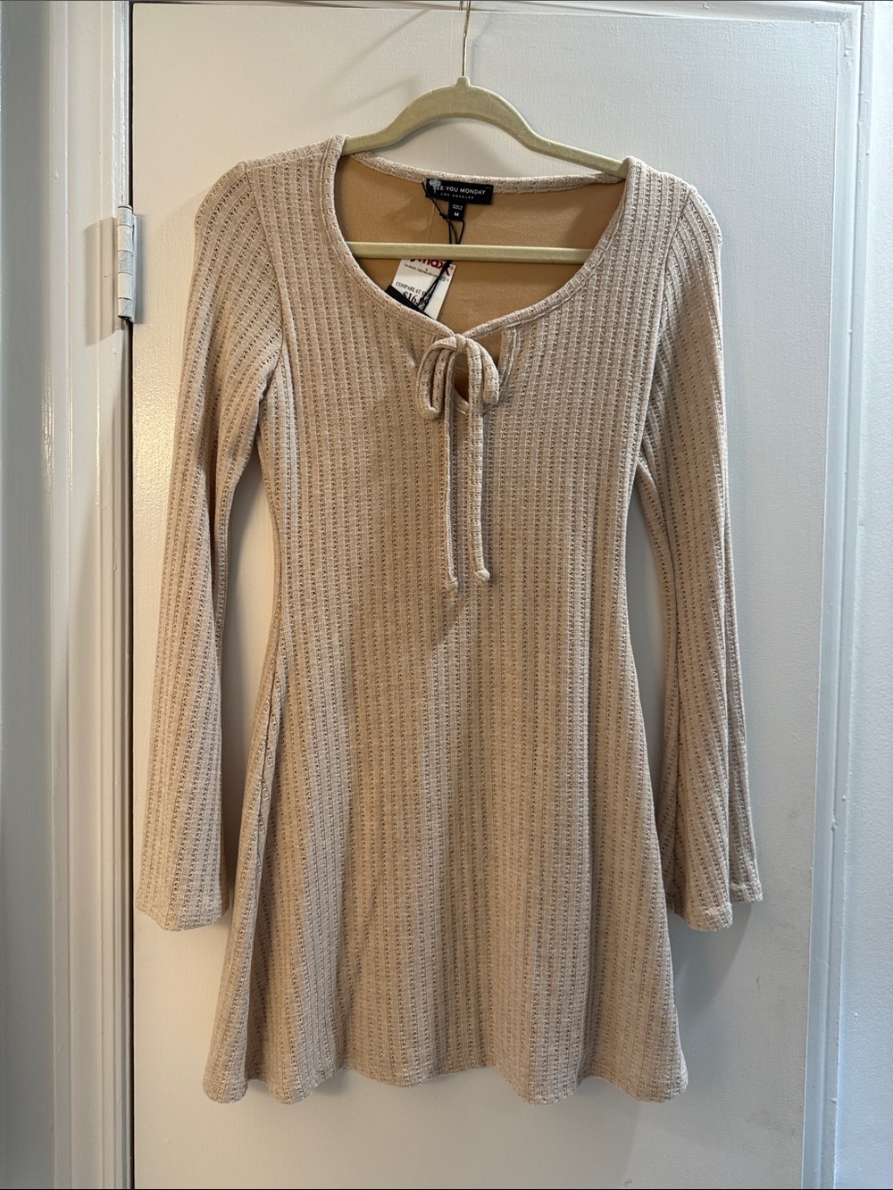 See You Monday Cream Ribbed Tie-Neck Long Sleeve Dress